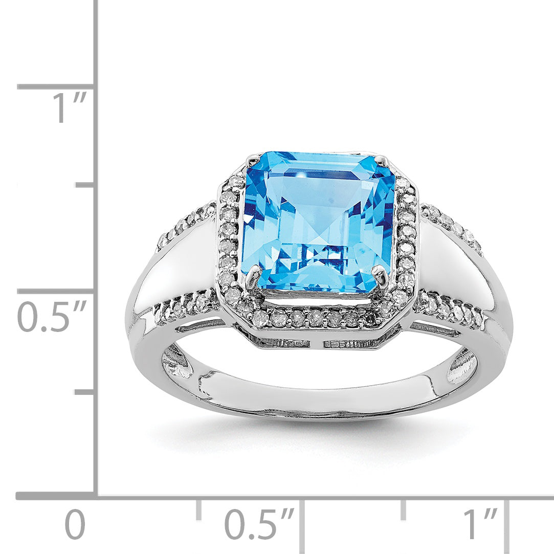 Sterling Silver Rhodium Square Blue Topaz & Diam. Ring