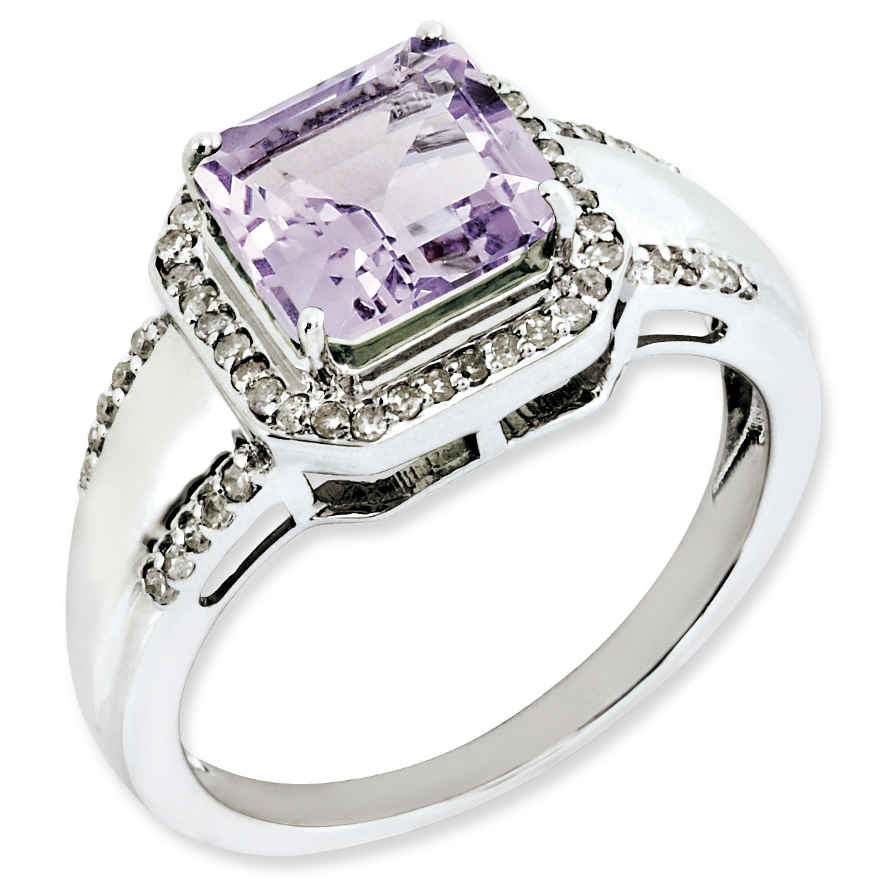 Sterling Silver Rhodium-plated Square Diamond & Pink Quartz Ring Main image