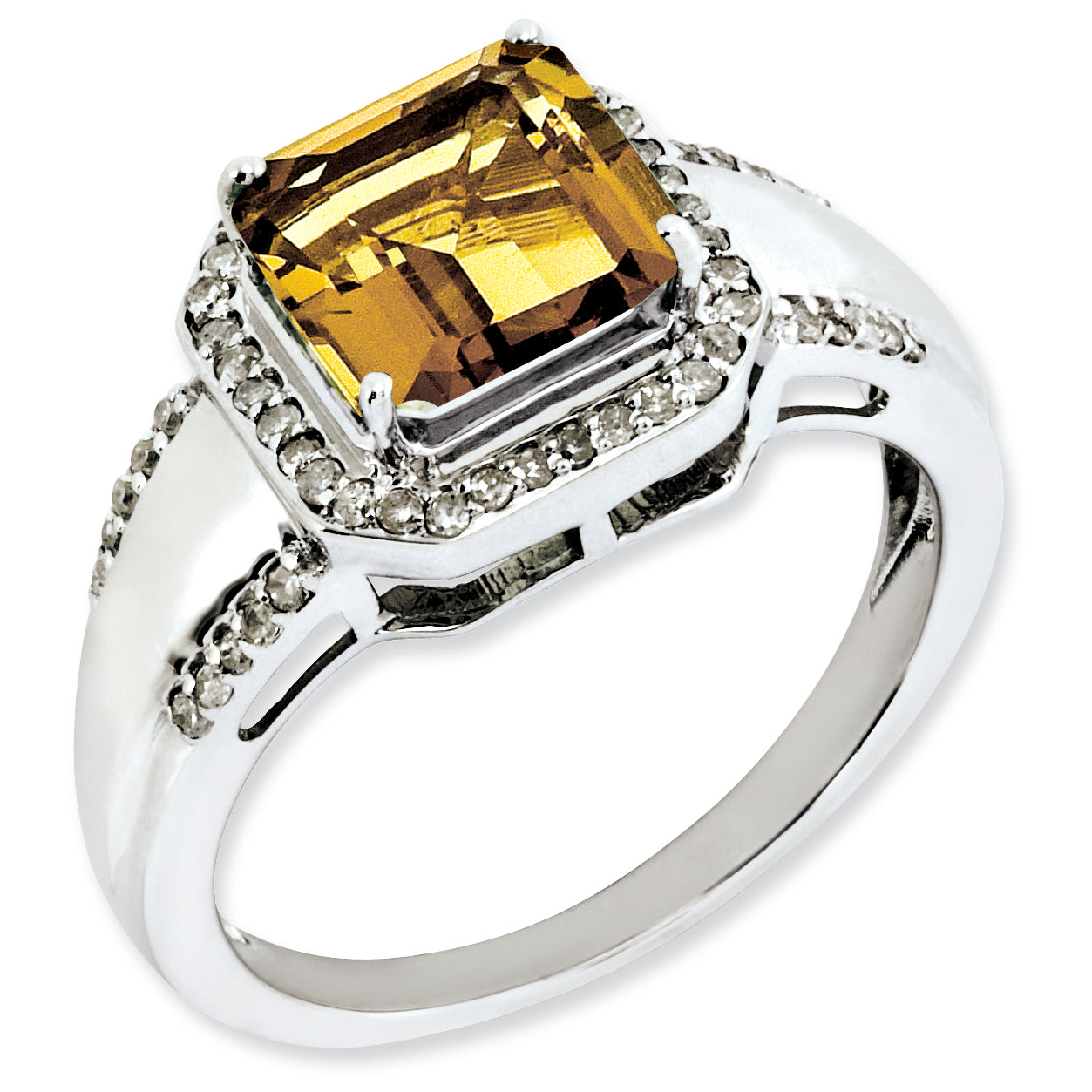 Sterling Silver Rhodium-plated Square Diamond & Whiskey Quartz Ring Main image