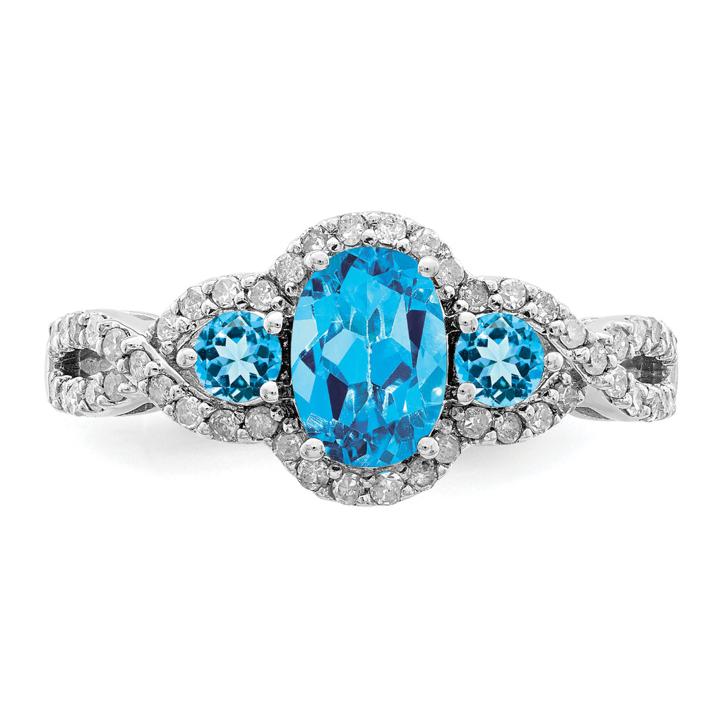 Sterling Silver Rhodium Oval Blue Topaz & Diam. Ring