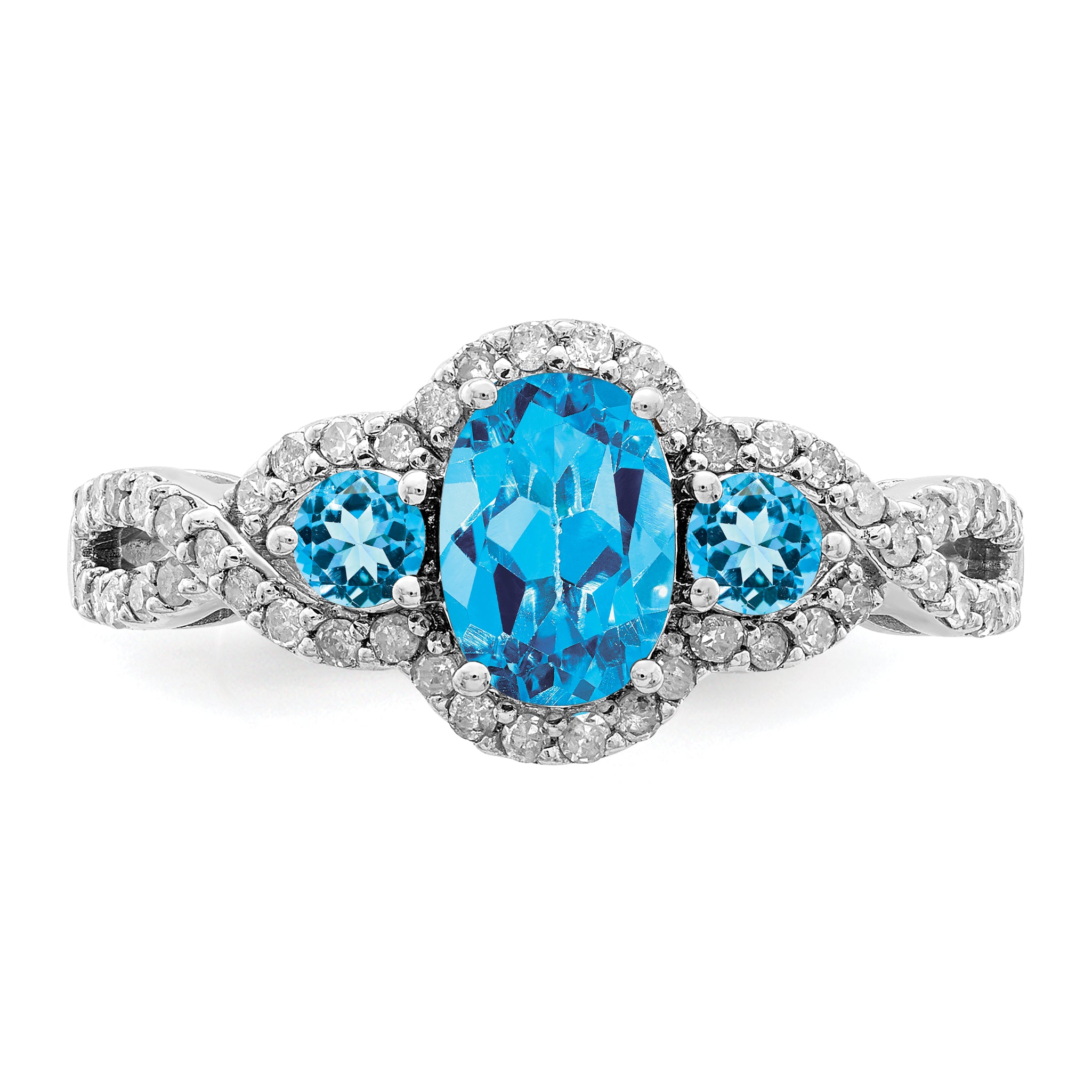 Sterling Silver Rhodium Oval Blue Topaz & Diam. Ring