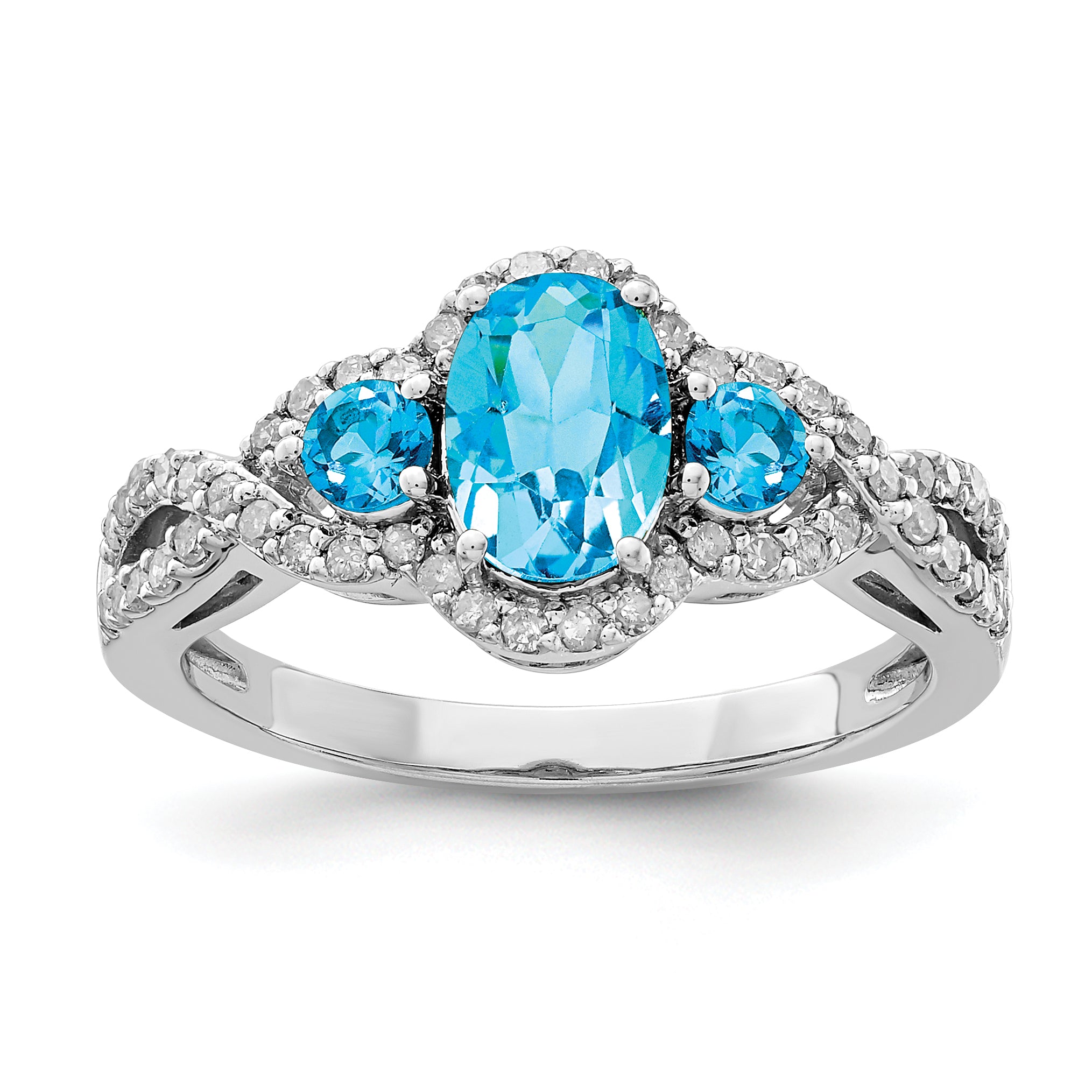 Sterling Silver Rhodium Oval Blue Topaz & Diam. Ring