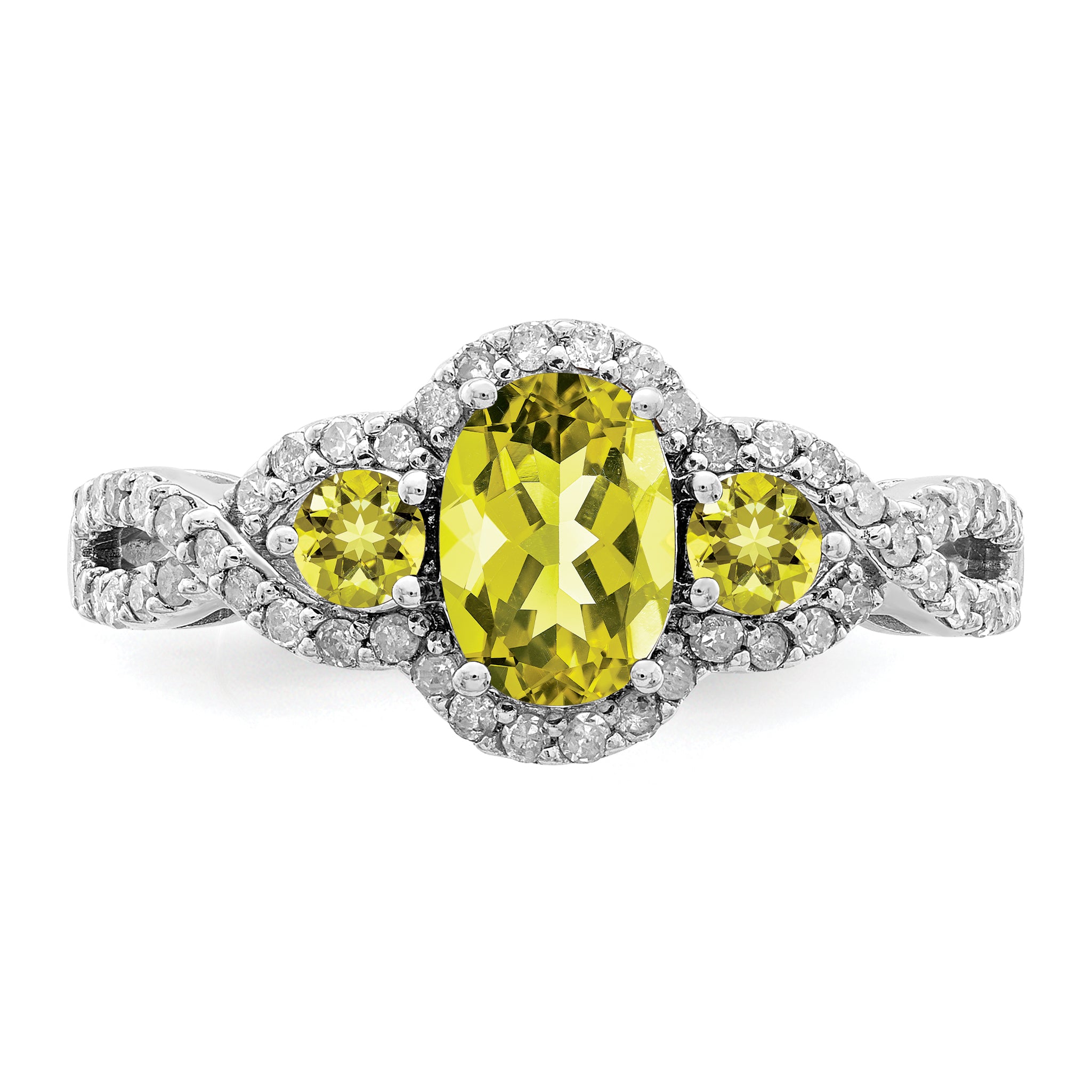 Sterling Silver Rhodium Oval Diam. & Lemon Quartz Ring