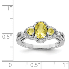 Sterling Silver Rhodium Oval Diam. & Lemon Quartz Ring