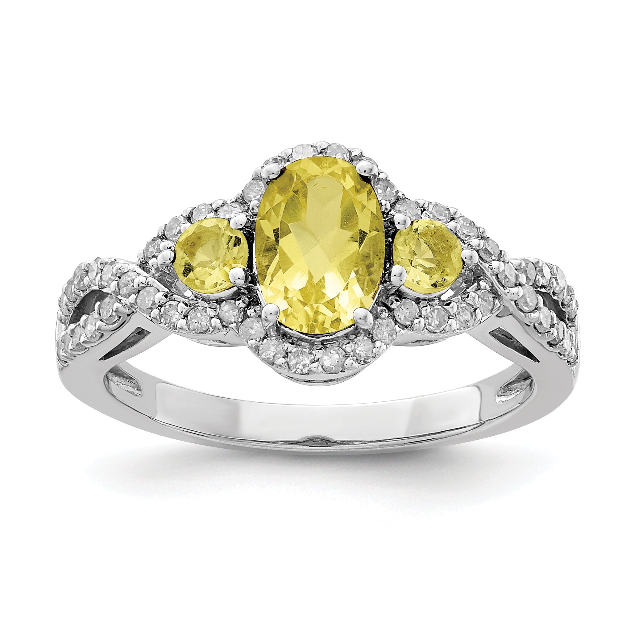 Sterling Silver Rhodium Oval Diam. & Lemon Quartz Ring