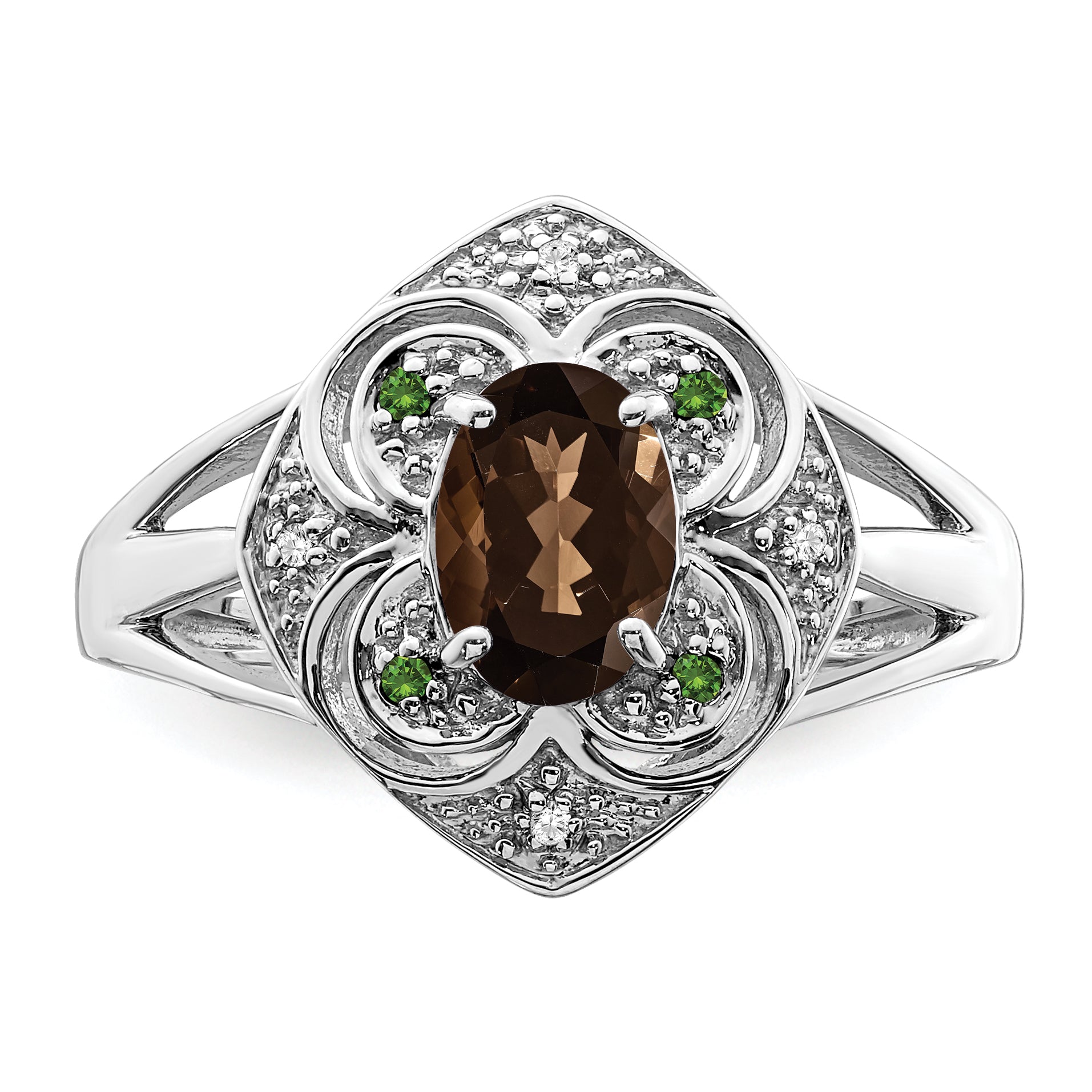 Sterling Silver Rhodium Oval Smoky Quartz & Diam. Ring