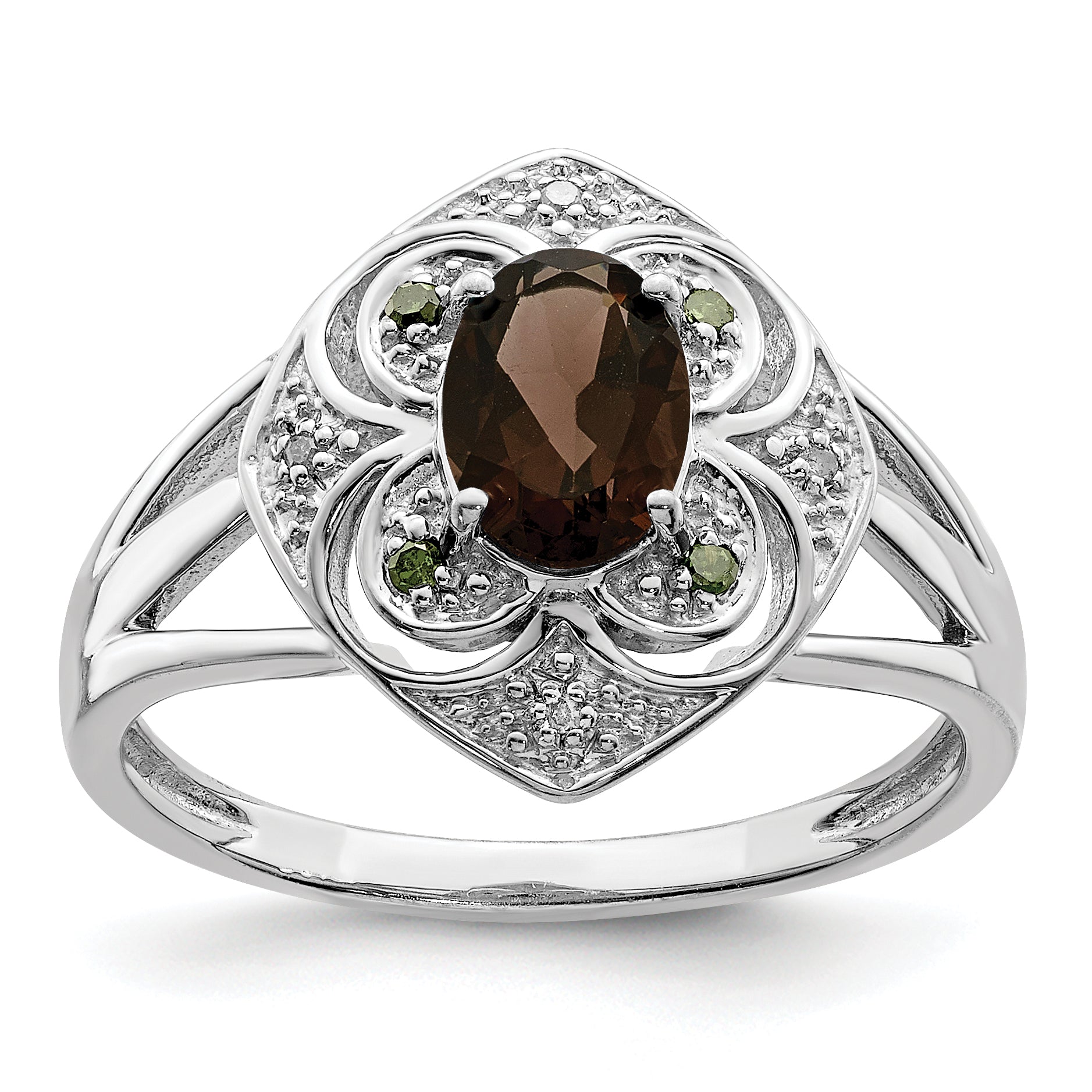 Sterling Silver Rhodium Oval Smoky Quartz & Diam. Ring