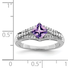 Sterling Silver Rhodium-plated Diamond & Amethyst Ring
