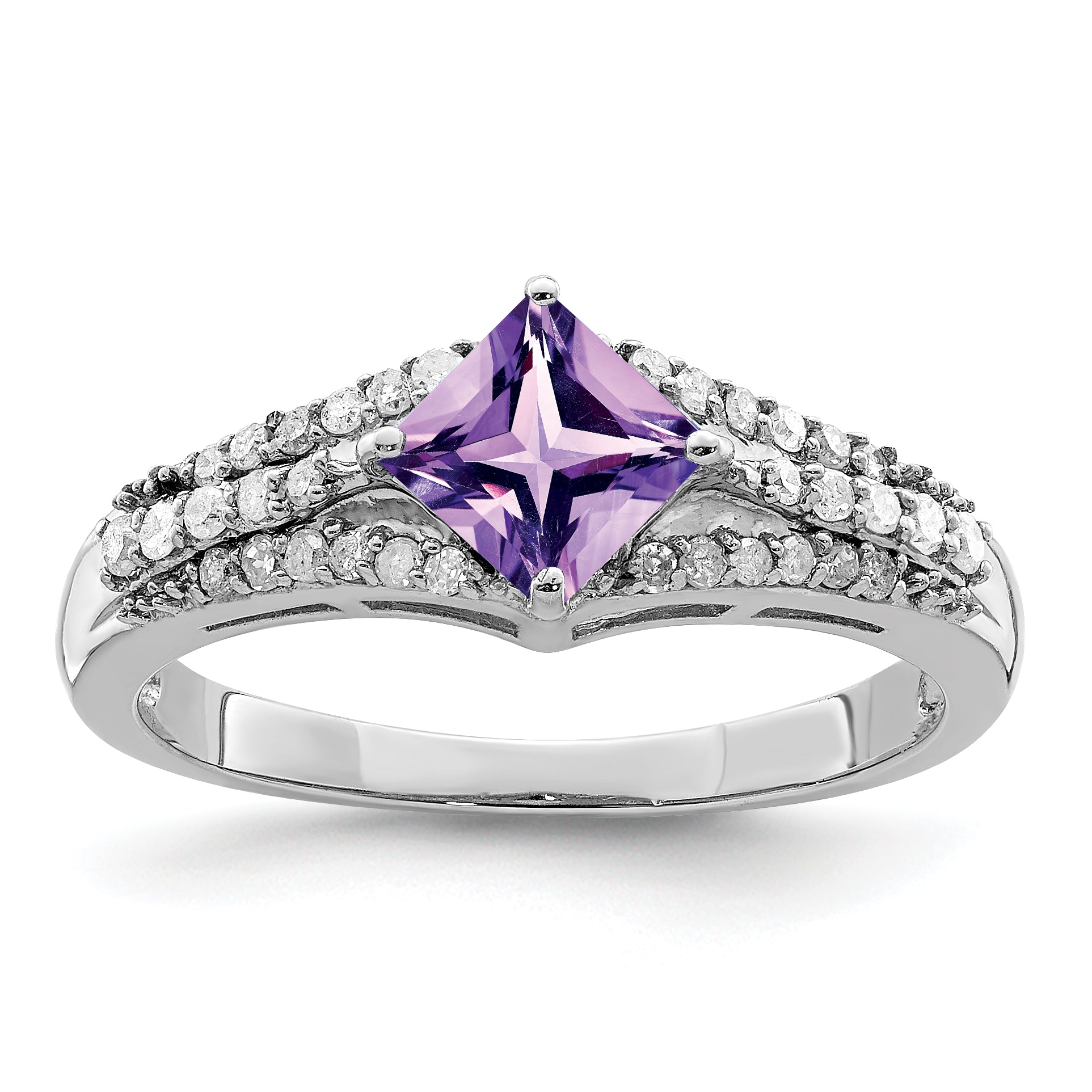 Sterling Silver Rhodium-plated Diamond & Amethyst Ring Main image