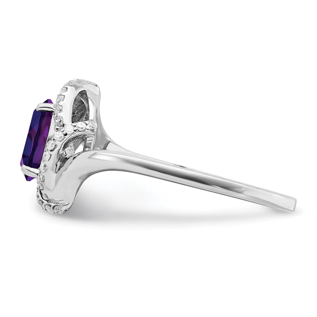 Sterling Silver Rhodium-plated Oval Diamond & Amethyst Ring