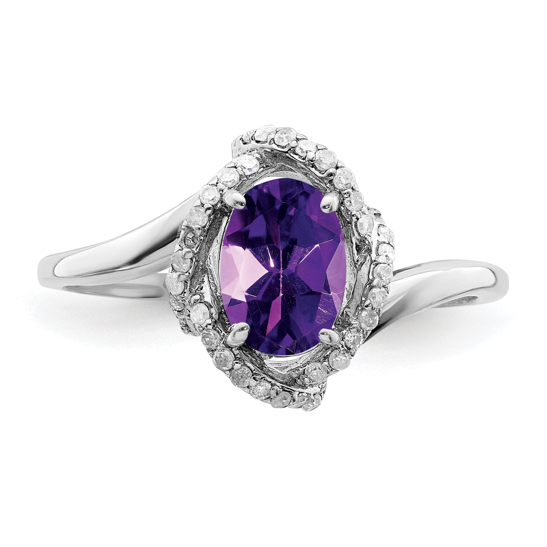 Sterling Silver Rhodium-plated Oval Diamond & Amethyst Ring