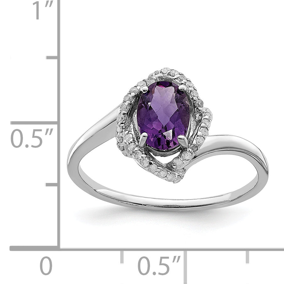 Sterling Silver Rhodium-plated Oval Diamond & Amethyst Ring