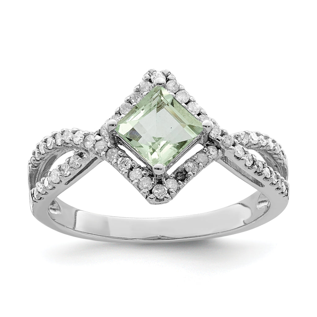Sterling Silver Rhodium-Plated Green Quartz & Diamond Ring