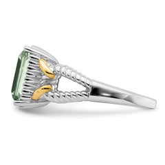 Sterling Silver Rhodium With  Flash Gold-plate Green Quartz Ring