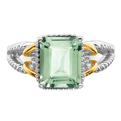 Sterling Silver Rhodium With  Flash Gold-plate Green Quartz Ring
