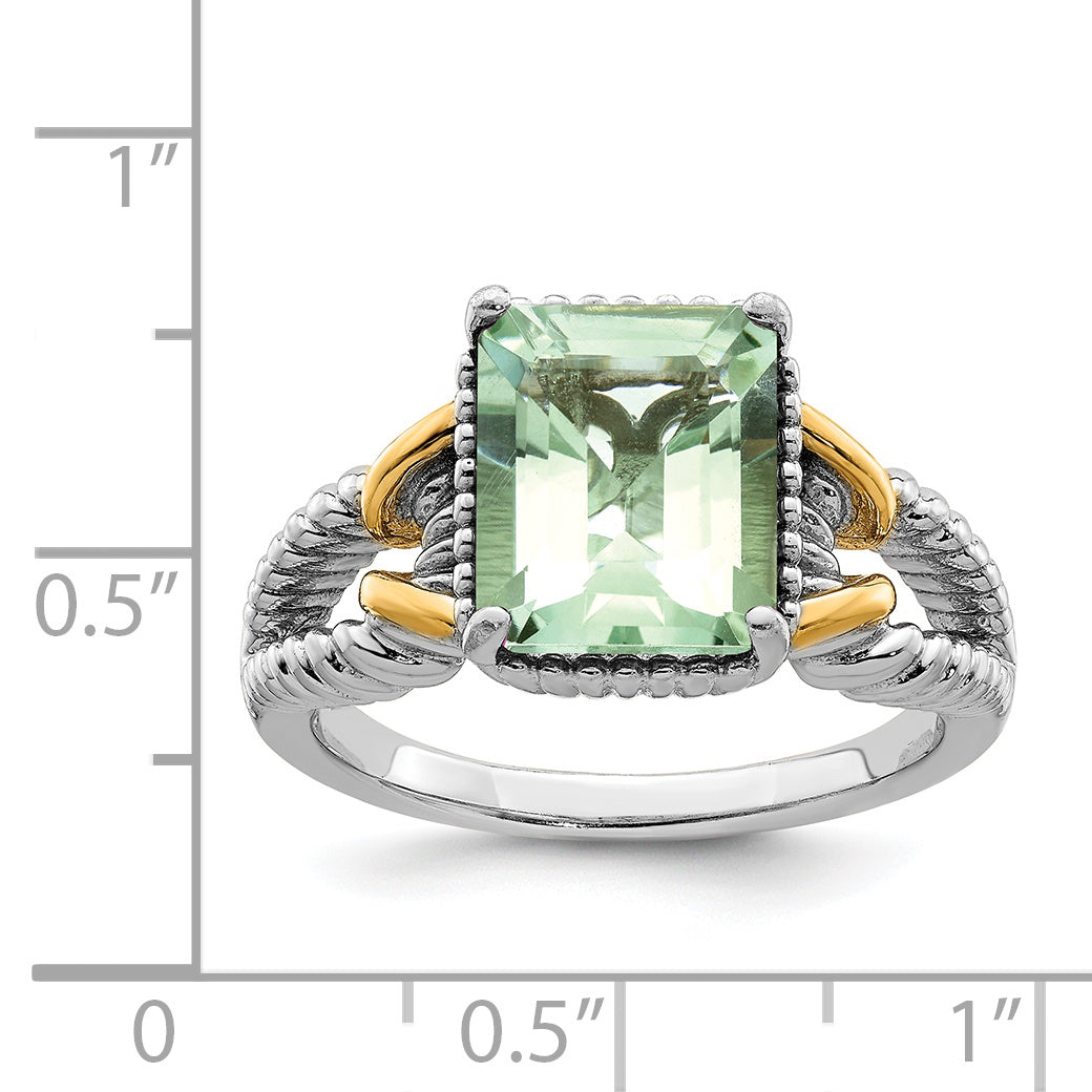 Sterling Silver Rhodium With  Flash Gold-plate Green Quartz Ring