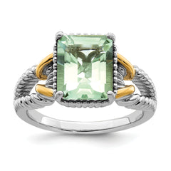 Sterling Silver Rhodium With  Flash Gold-plate Green Quartz Ring