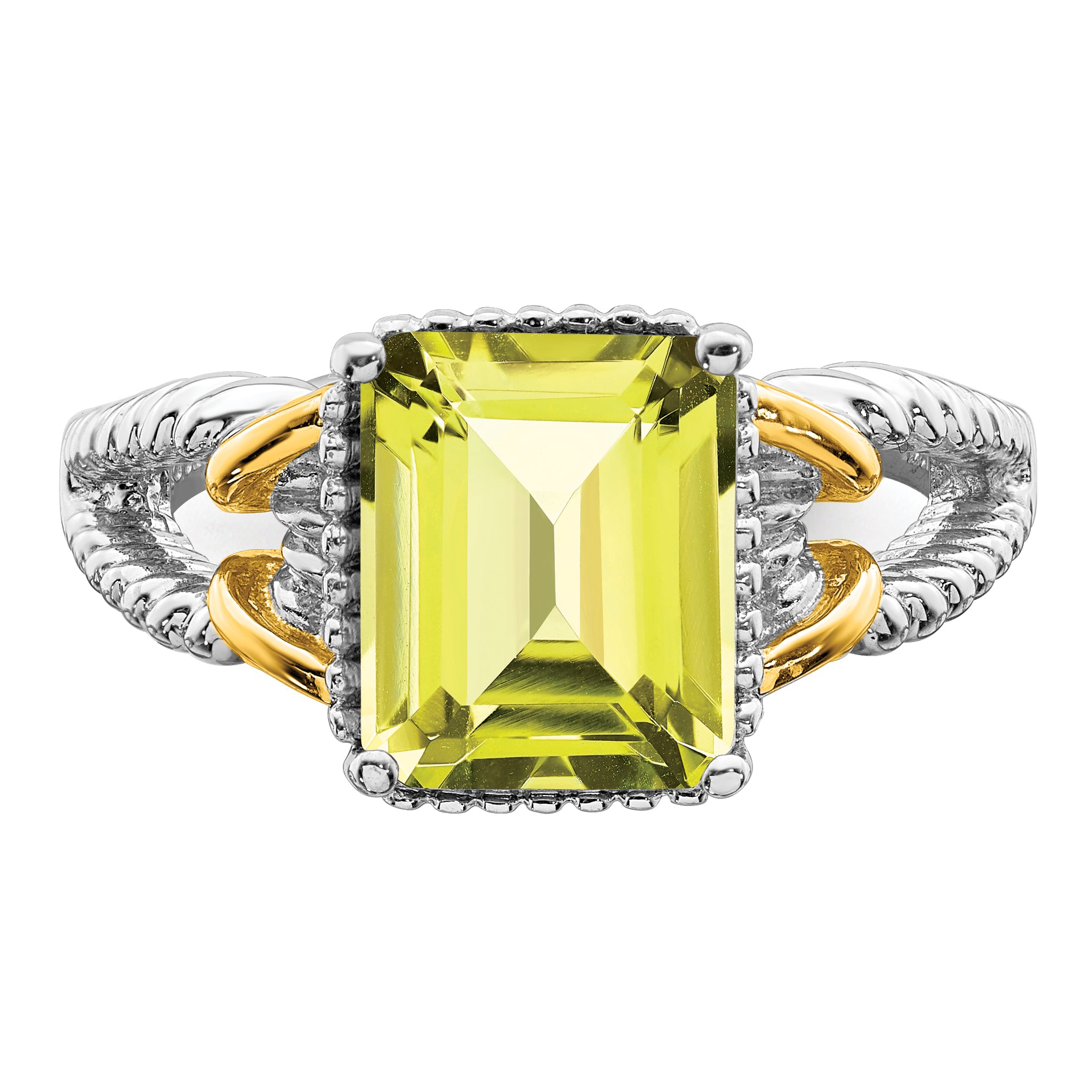 Sterling Silver Rhodium With  Flash Gold-plate Lemon Quartz Octagonal Ring