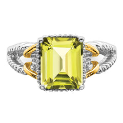 Sterling Silver Rhodium With  Flash Gold-plate Lemon Quartz Octagonal Ring
