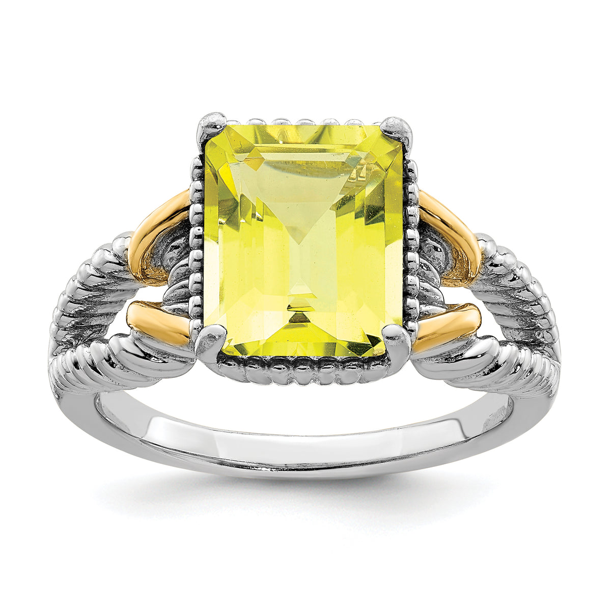 Sterling Silver Rhodium With  Flash Gold-plate Lemon Quartz Octagonal Ring
