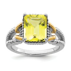 Sterling Silver Rhodium With  Flash Gold-plate Lemon Quartz Octagonal Ring