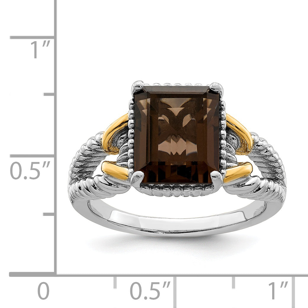 Sterling Silver Rhodium With  Flash Gold-plate Smoky Quartz Ring