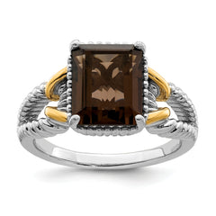 Sterling Silver Rhodium With  Flash Gold-plate Smoky Quartz Ring