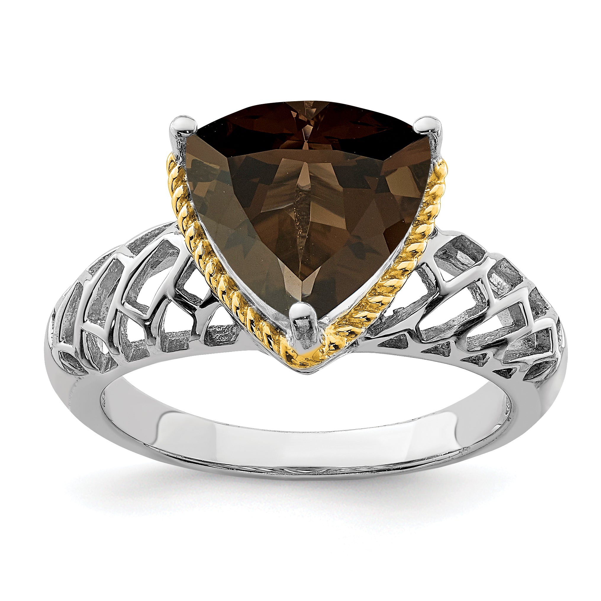 Sterling Silver Rhodium With  Flash Gold-plate Smoky Quartz Ring