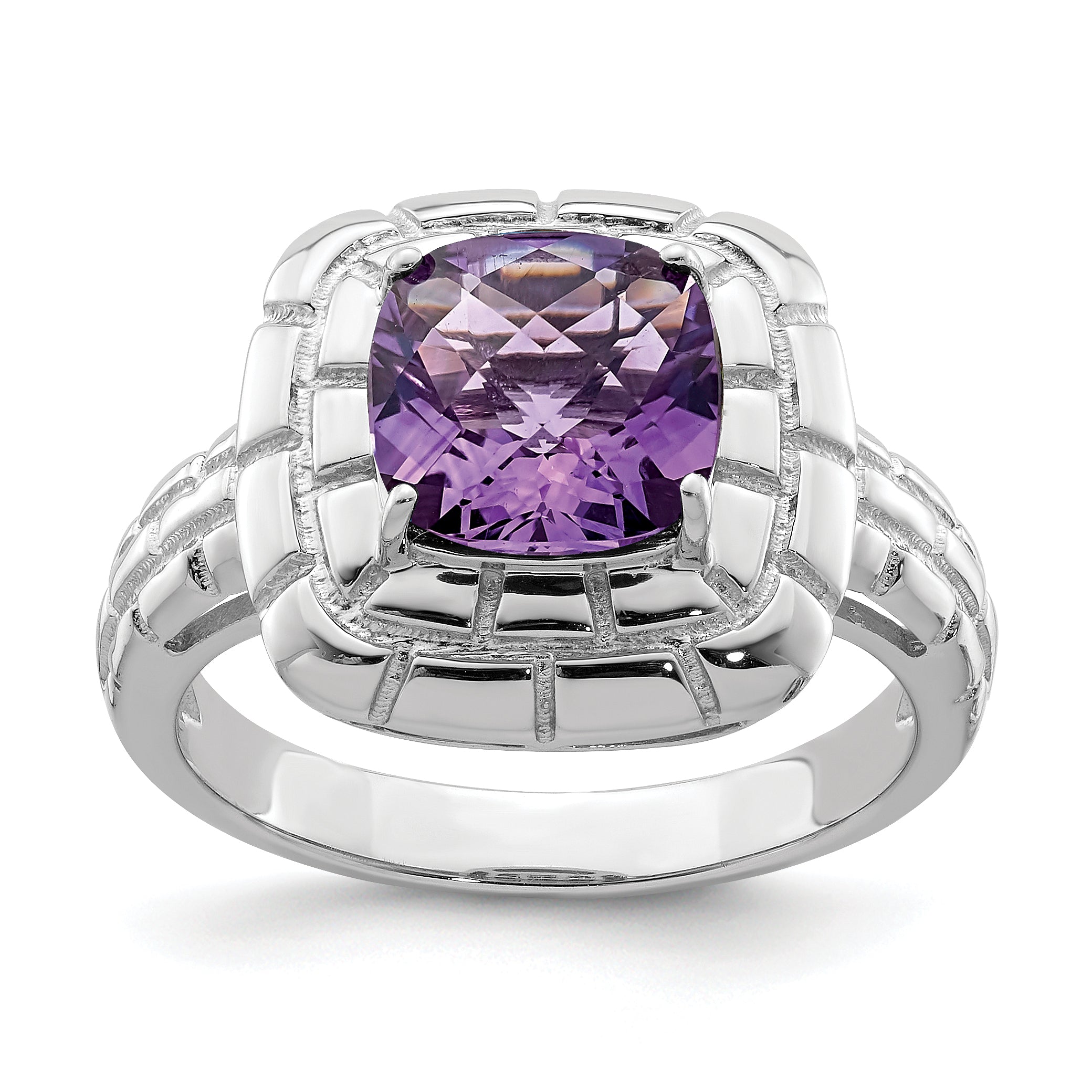 Sterling Silver Rhodium-plated Checker-Cut Amethyst Ring Main image