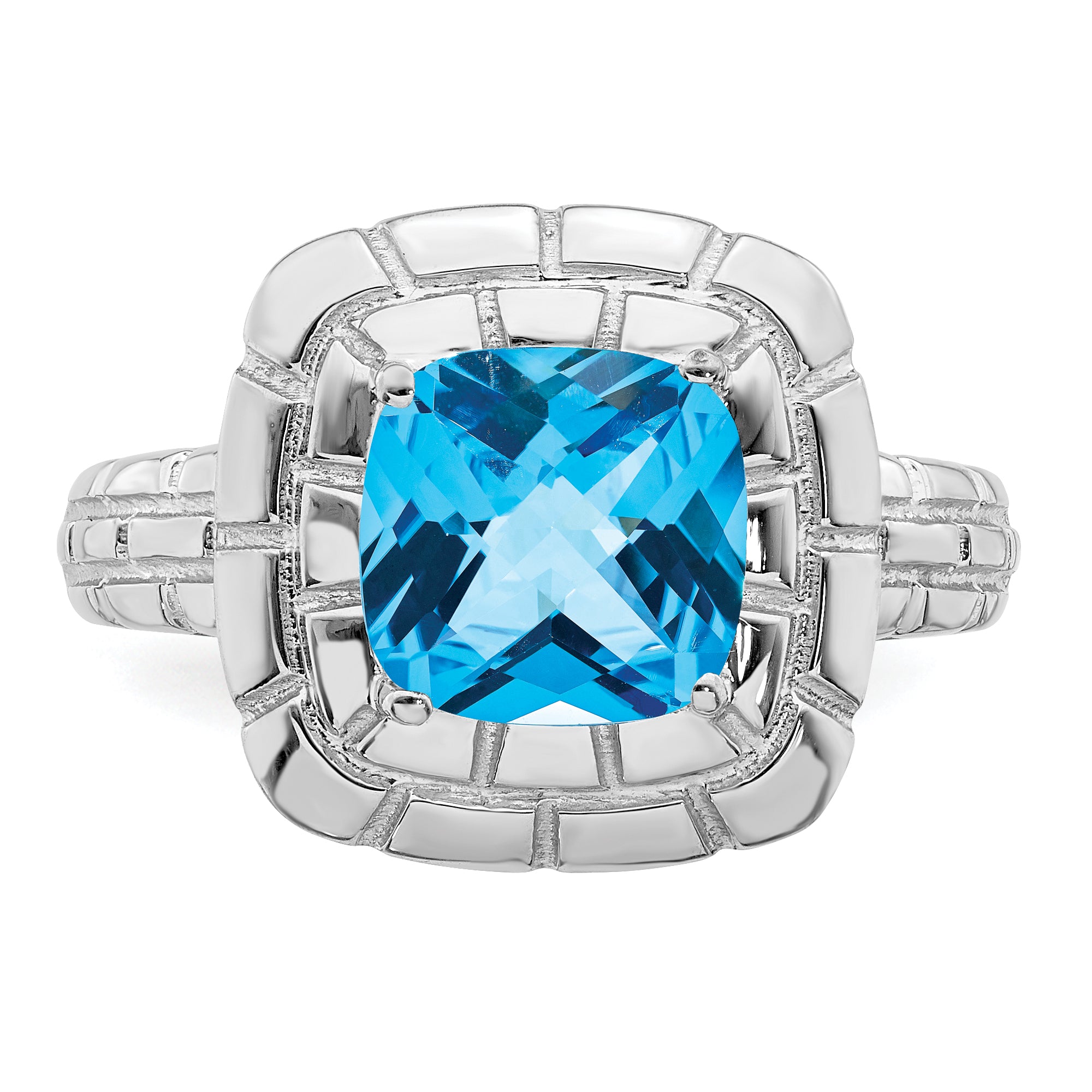 Sterling Silver Rhodium Checker-Cut Blue Topaz Ring