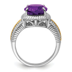 Sterling Silver Rhodium-plated With  Flash Gold-plate Oval Amethyst Ring