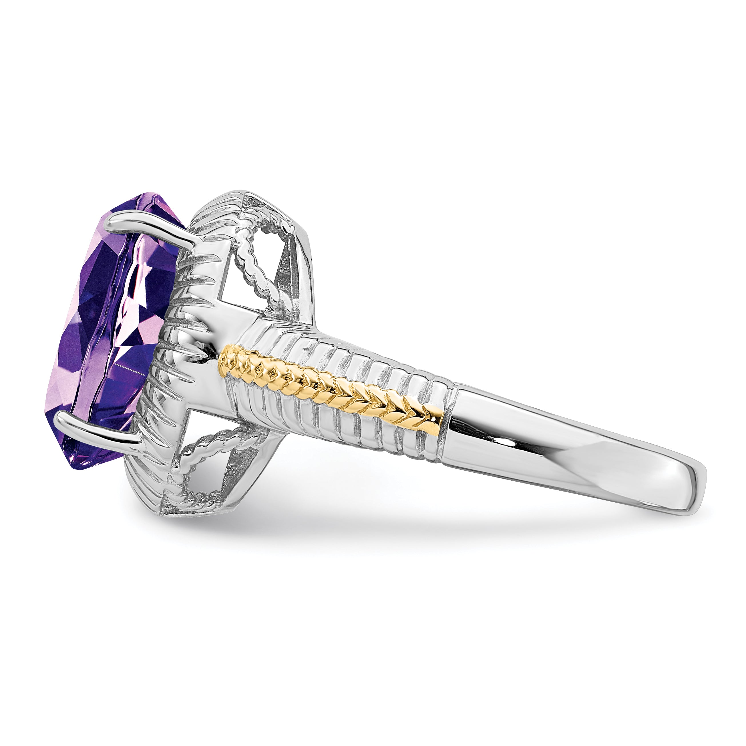 Sterling Silver Rhodium-plated With  Flash Gold-plate Oval Amethyst Ring