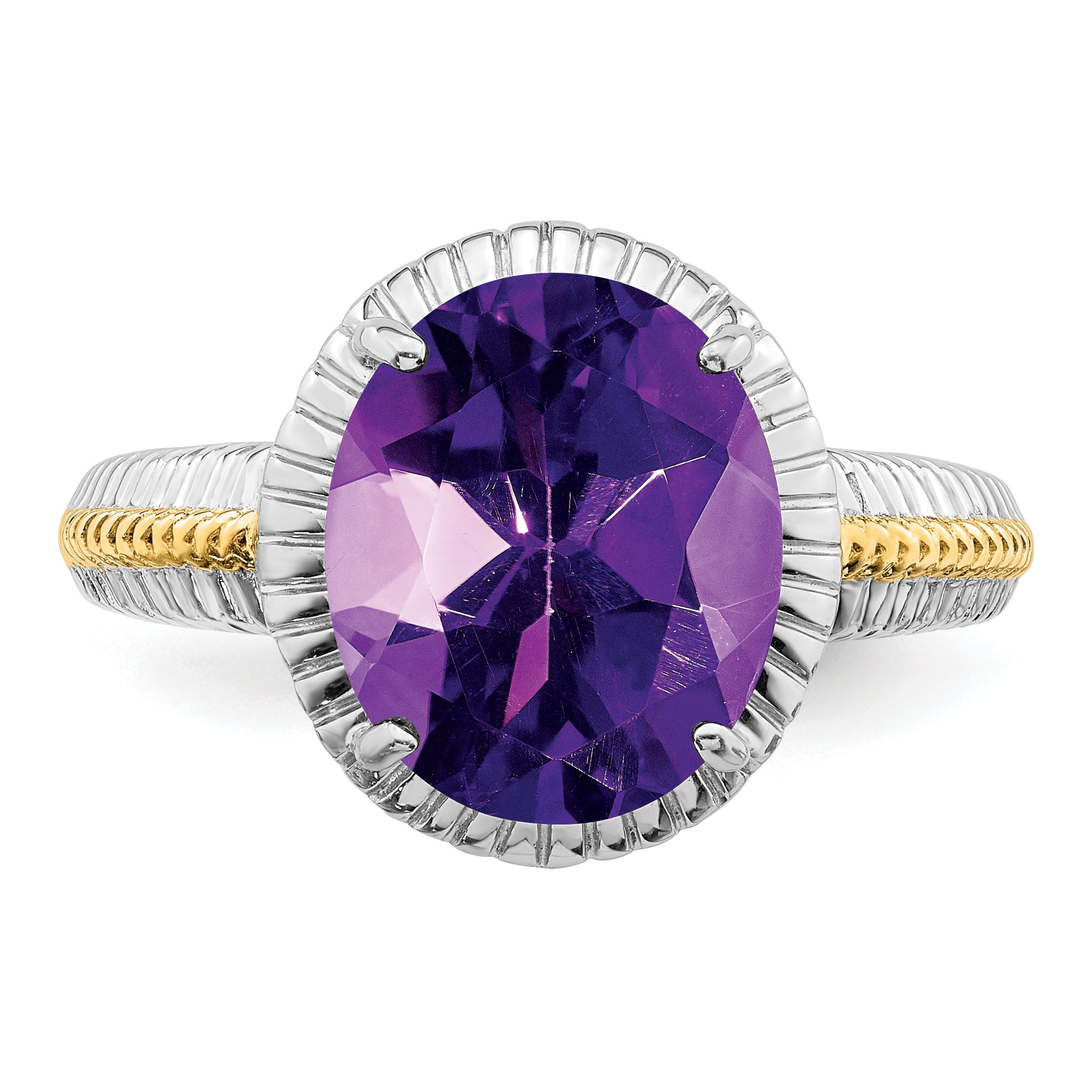 Sterling Silver Rhodium-plated With  Flash Gold-plate Oval Amethyst Ring