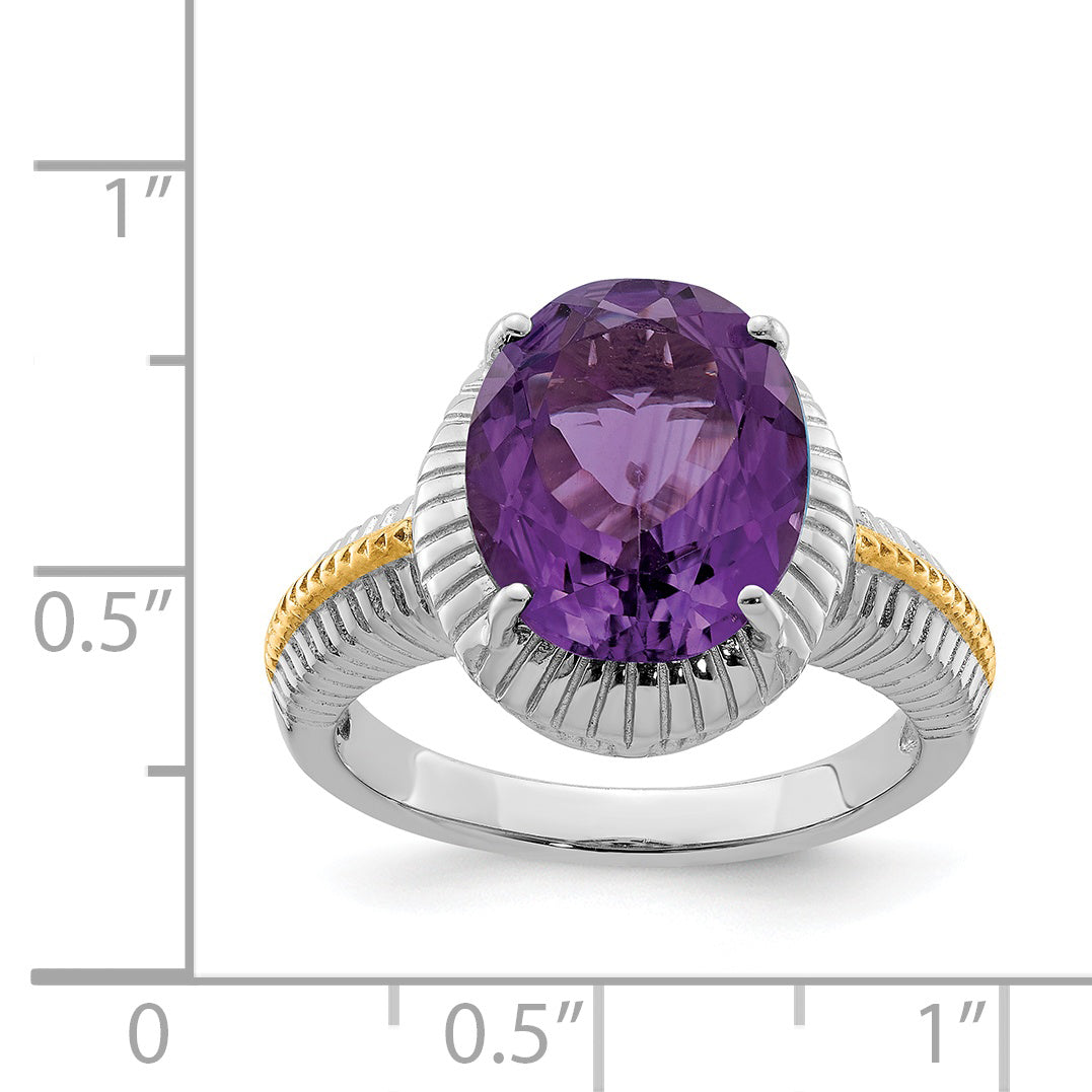 Sterling Silver Rhodium-plated With  Flash Gold-plate Oval Amethyst Ring