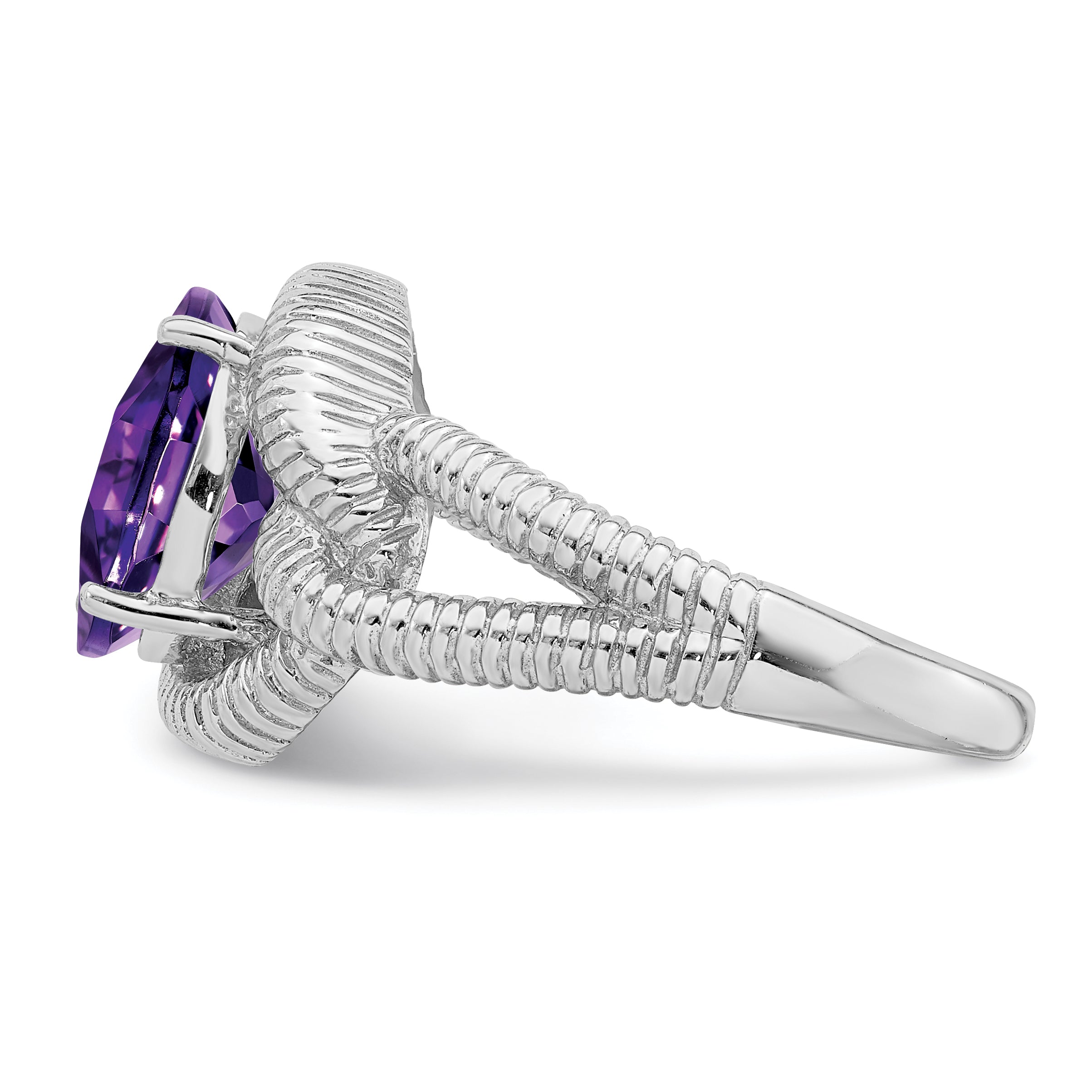 Sterling Silver Rhodium-plated Oval Checker-Cut Amethyst Ring