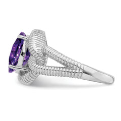 Sterling Silver Rhodium-plated Oval Checker-Cut Amethyst Ring