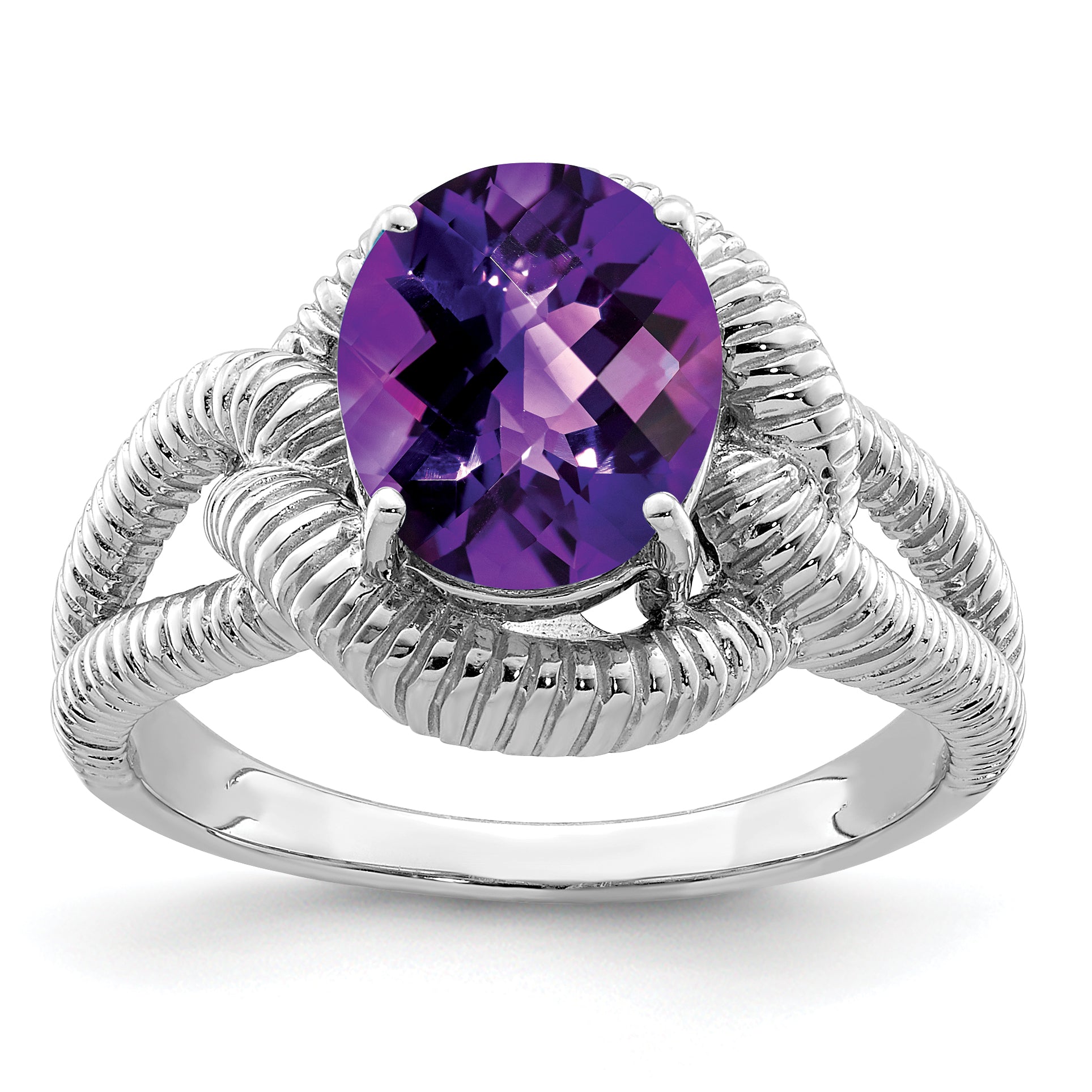 Sterling Silver Rhodium-plated Oval Checker-Cut Amethyst Ring Main image