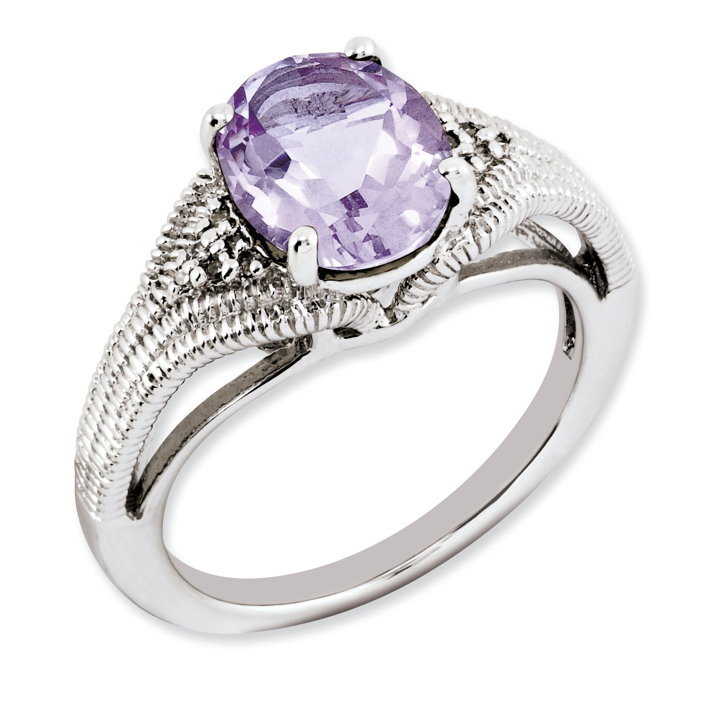Sterling Silver Rhodium-plated Oval Pink Quartz & Diamond Ring