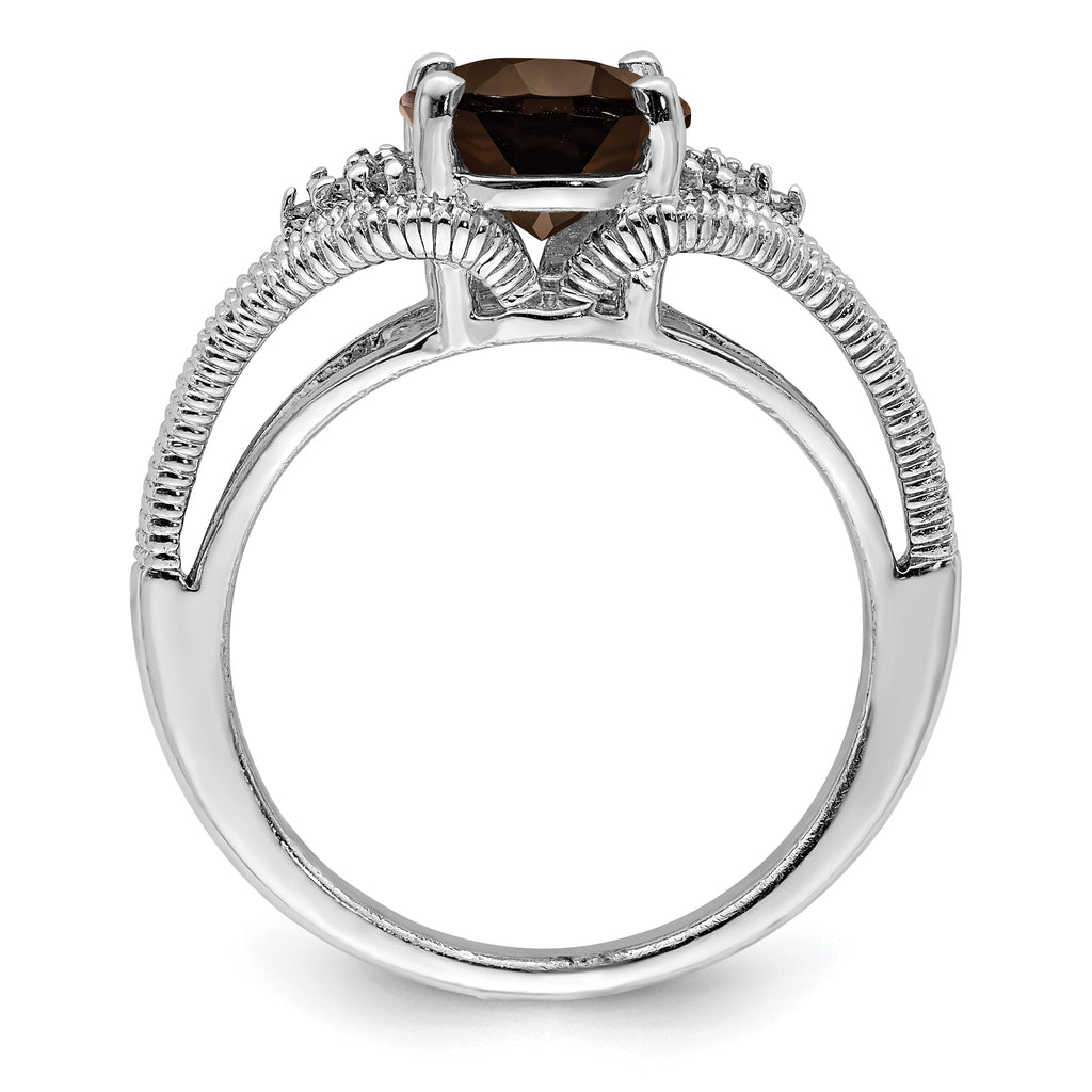Sterling Silver Rhodium Oval Smoky Quartz & Diam. Ring