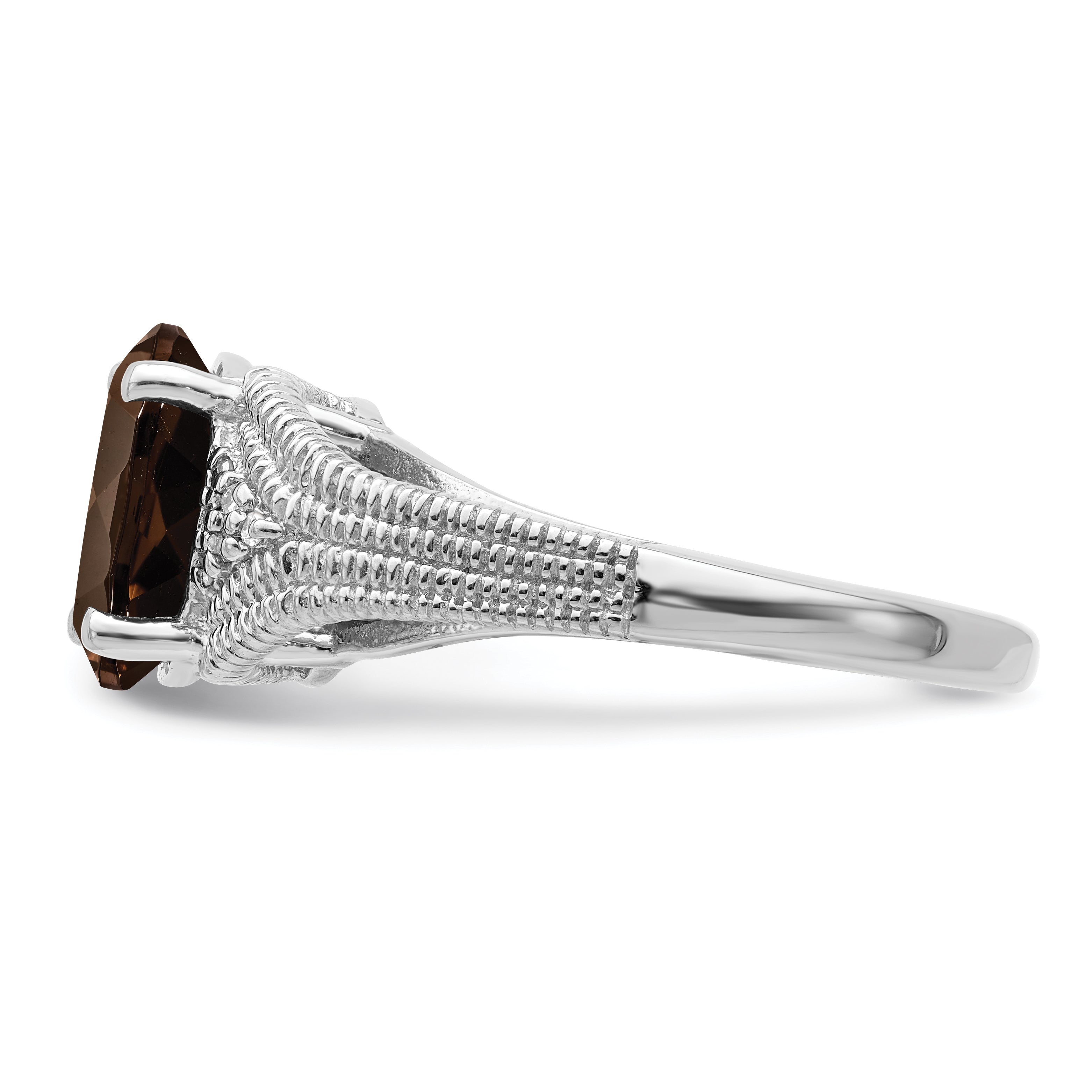 Sterling Silver Rhodium Oval Smoky Quartz & Diam. Ring