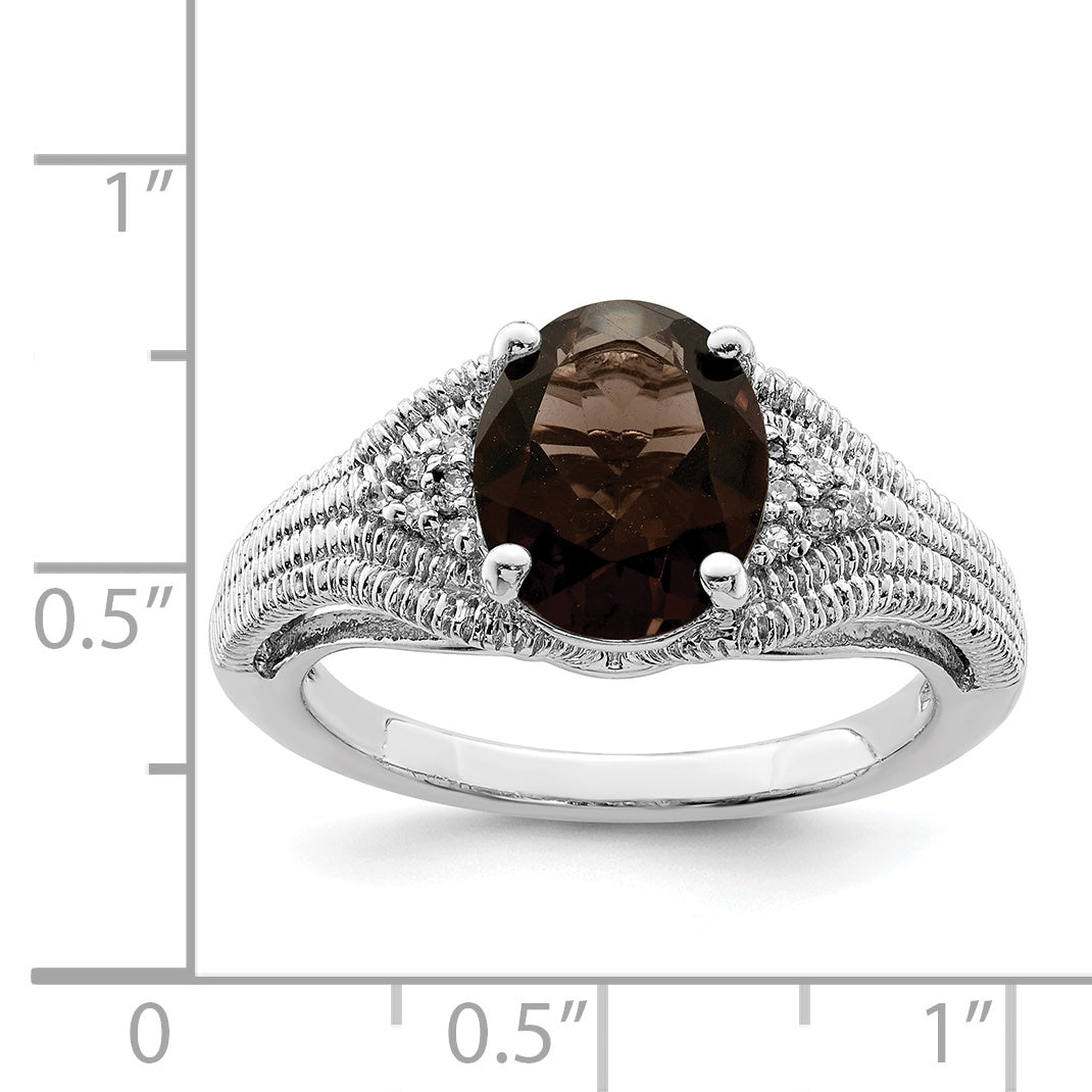 Sterling Silver Rhodium Oval Smoky Quartz & Diam. Ring