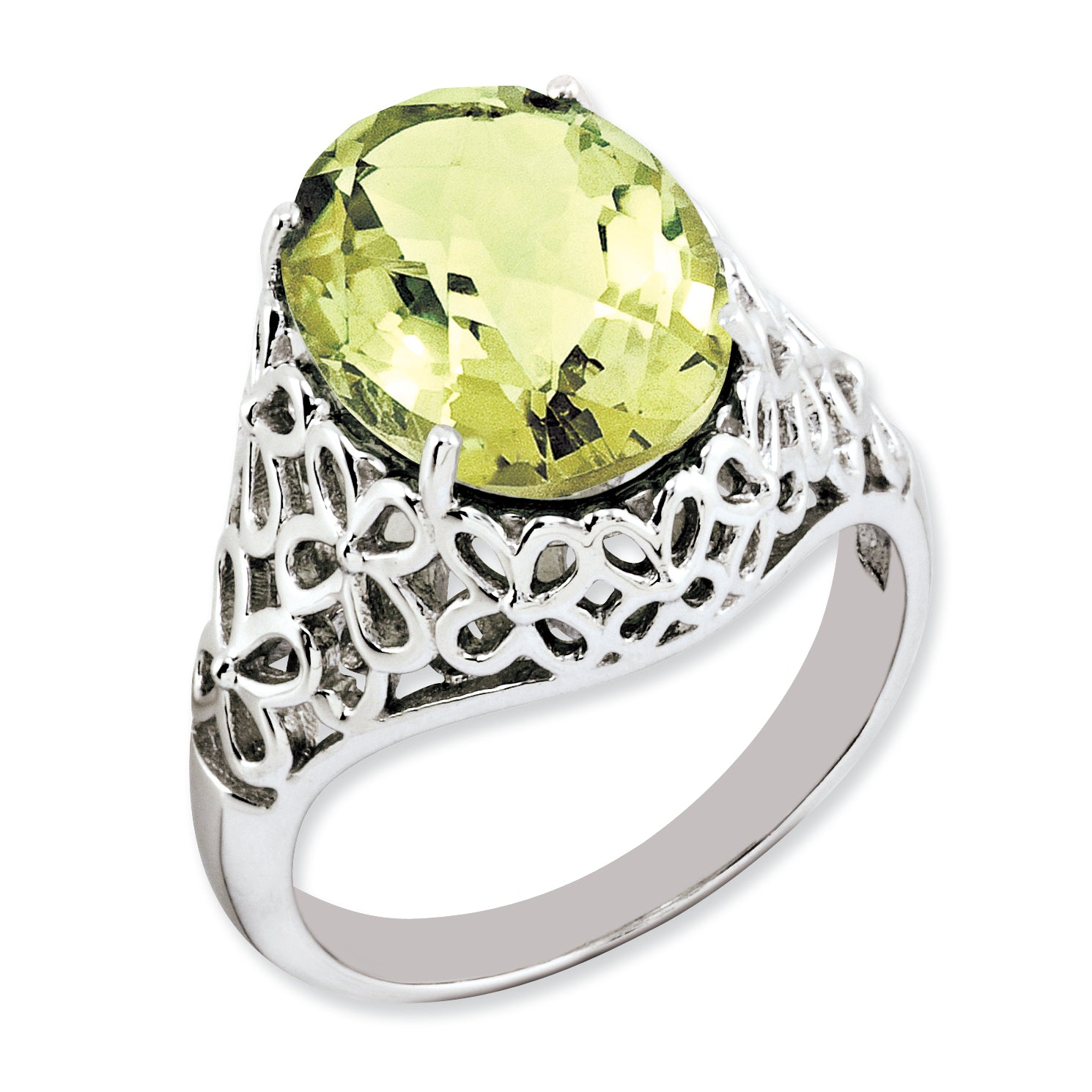 Sterling Silver Rhodium-plated Oval Checker-Cut Lemon Quartz Ring Main image