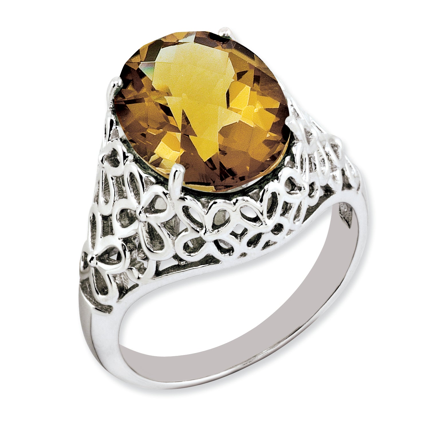 Sterling Silver Rhodium-plated Oval Checker-Cut Whiskey Quartz Ring Main image