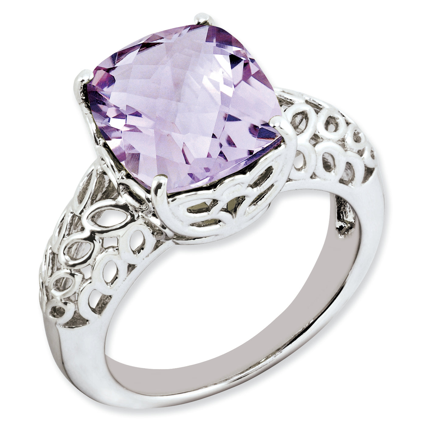 Sterling Silver Rhodium-plated Checker-Cut Pink Quartz Ring