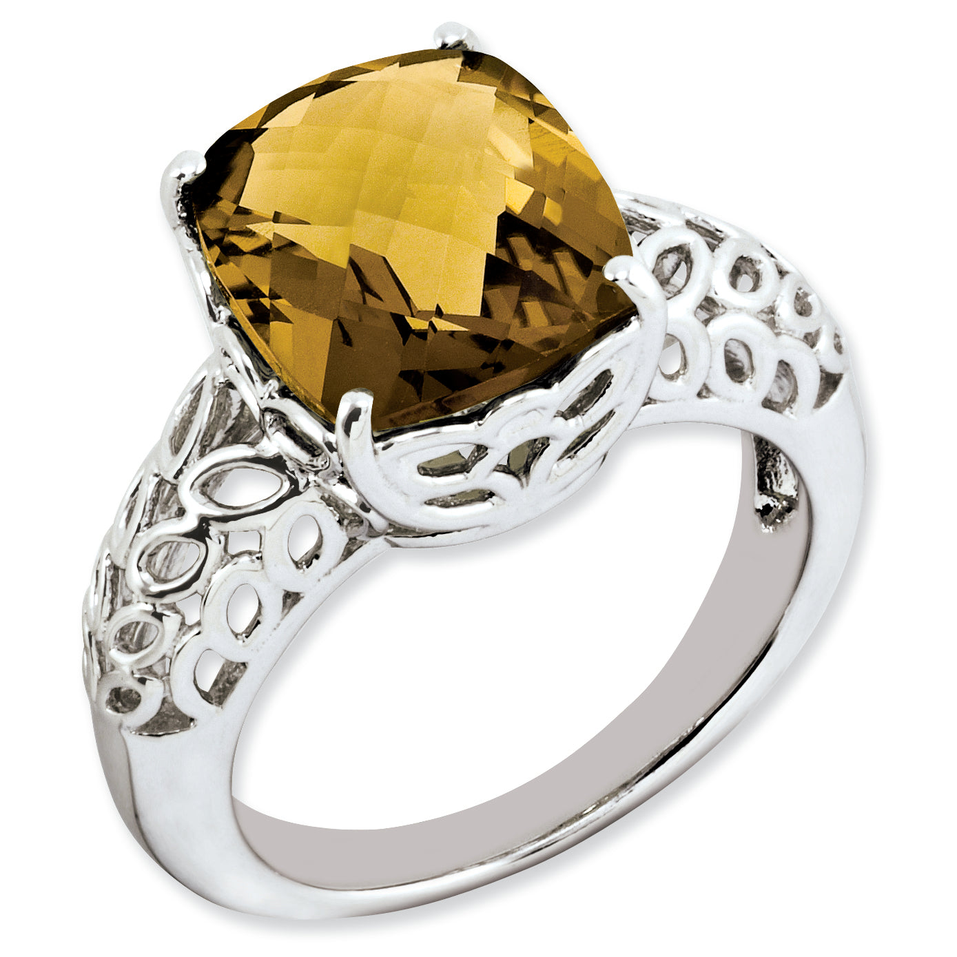 Sterling Silver Rhodium-plated Checker-Cut Whiskey Quartz Ring