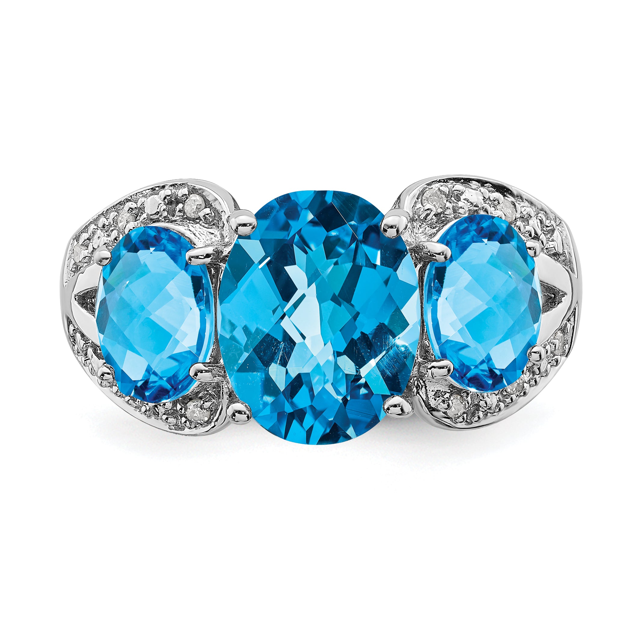 Sterling Silver Rhodium Checker-Cut Blue Topaz & Diam. Ring