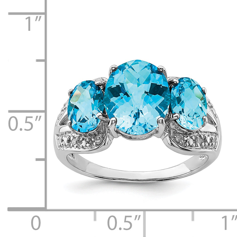 Sterling Silver Rhodium Checker-Cut Blue Topaz & Diam. Ring