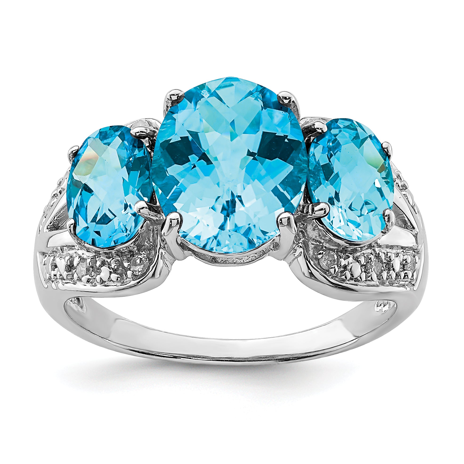 Sterling Silver Rhodium Checker-Cut Blue Topaz & Diam. Ring