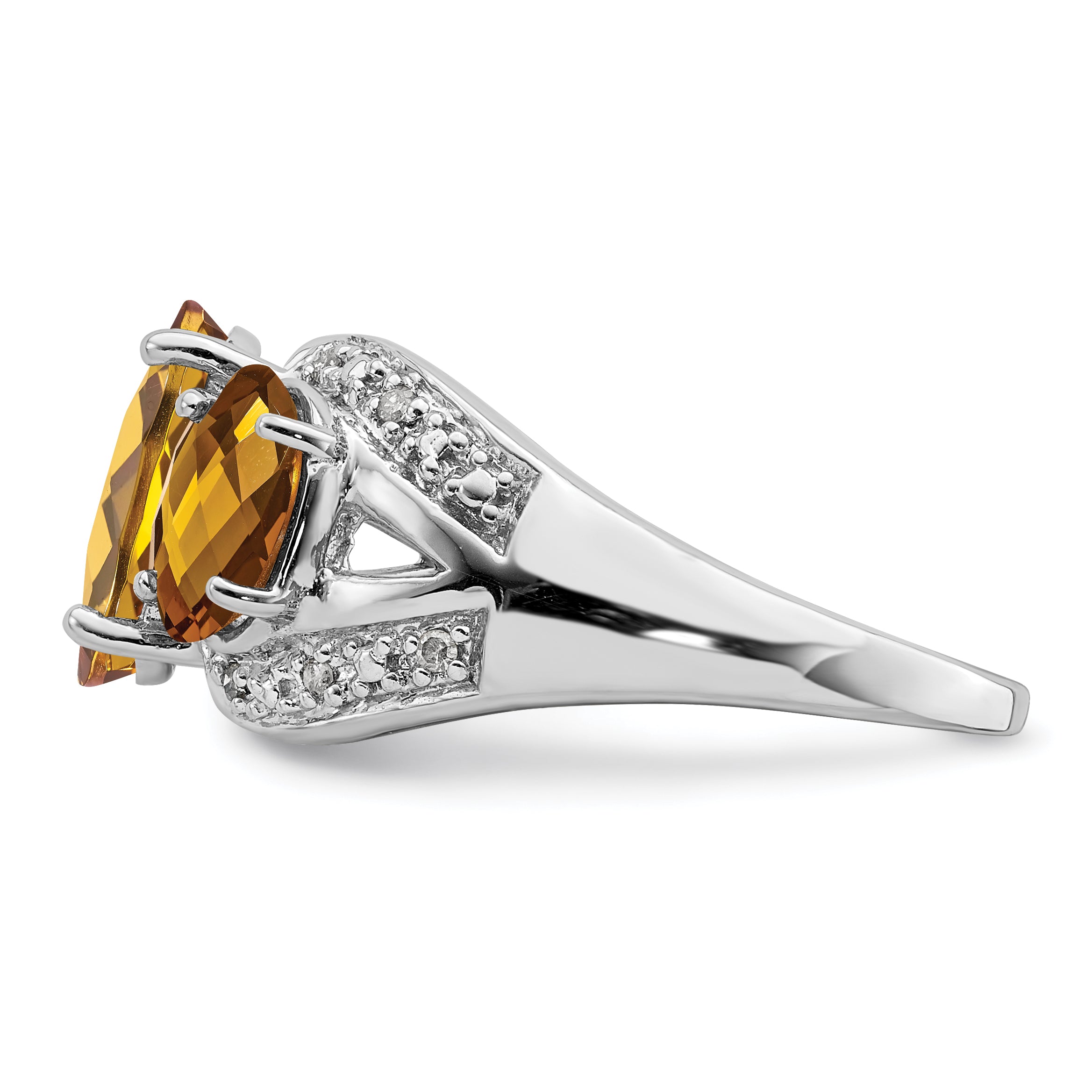Sterling Silver Rhodium Checker-Cut Whiskey Quartz & Diam. Ring
