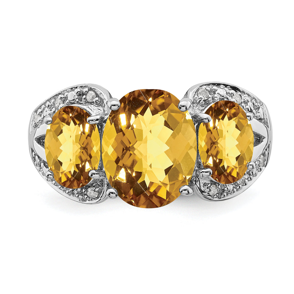 Sterling Silver Rhodium Checker-Cut Whiskey Quartz & Diam. Ring